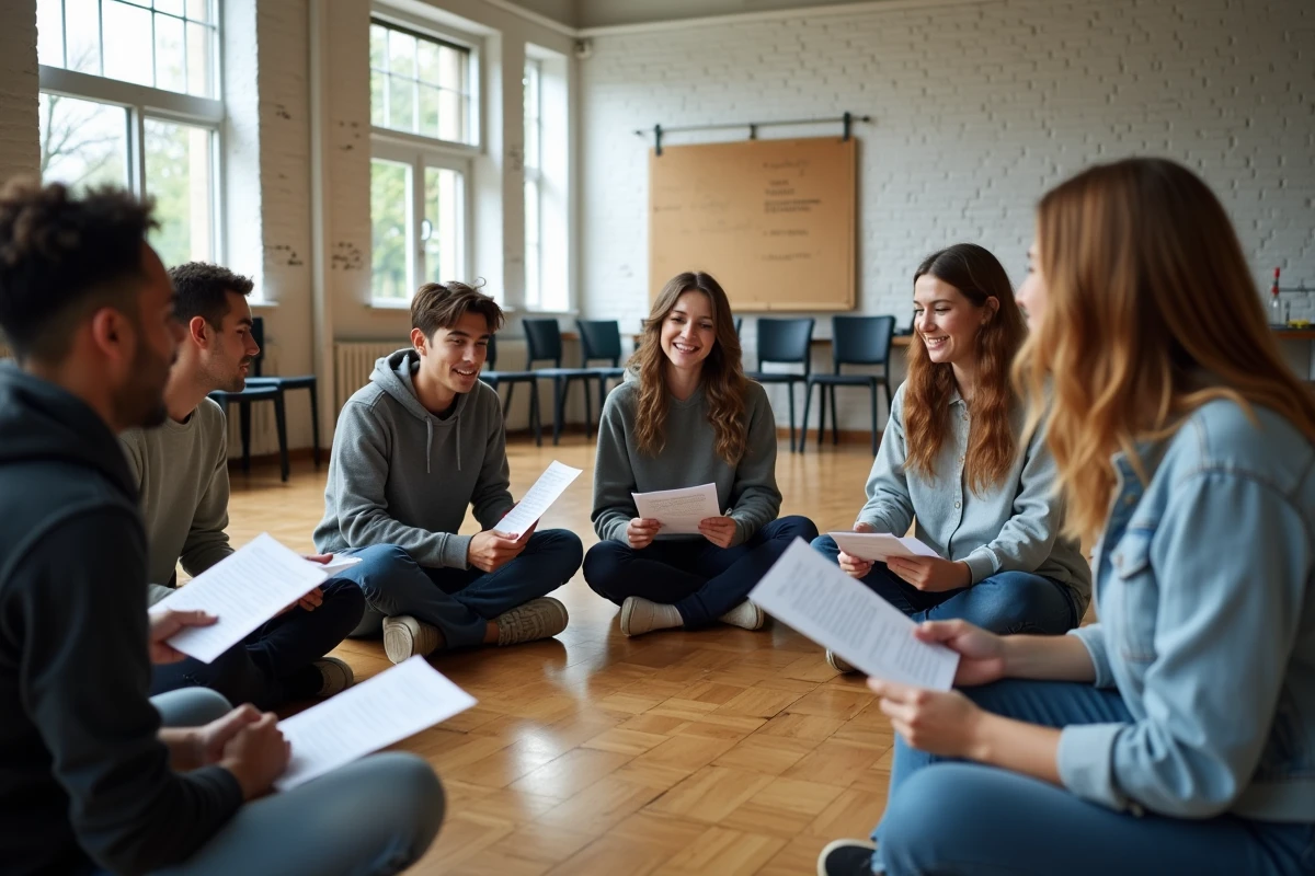 Groupe de jeunes comédiens en répétition théâtrale lisant un script ensemble dans une salle de travail lumineuse