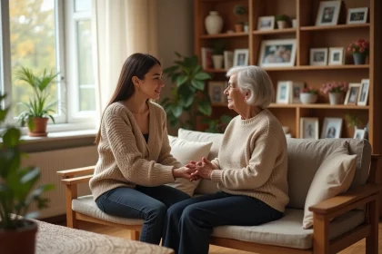 Jeune femme tenant les mains de sa mère âgée dans un salon chaleureux, illustrant le lien intergénérationnel et la responsabilité filiale
