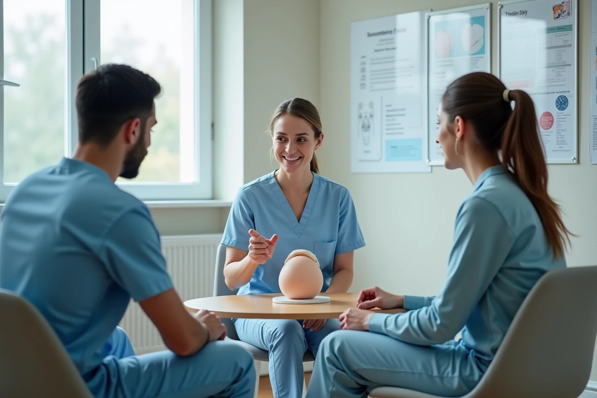 Sage-femme expliquant à de jeunes parents les bonnes pratiques du cododo pour prévenir la mort subite du nourrisson