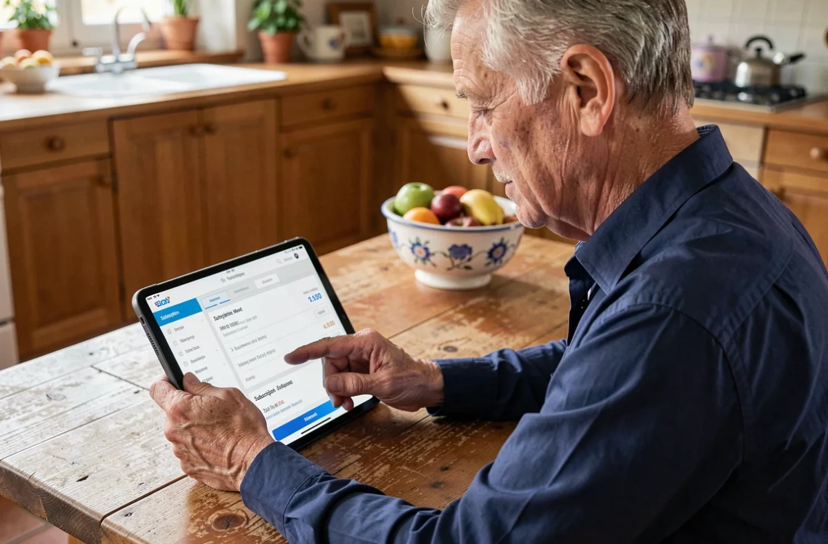 Senior gérant son abonnement Famileo et consultant ses options de facturation sur une tablette dans une cuisine