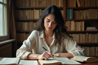 Femme prénommée Anny consultant des livres d'étymologie dans une bibliothèque vintage cosy