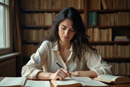 Femme prénommée Anny consultant des livres d'étymologie dans une bibliothèque vintage cosy