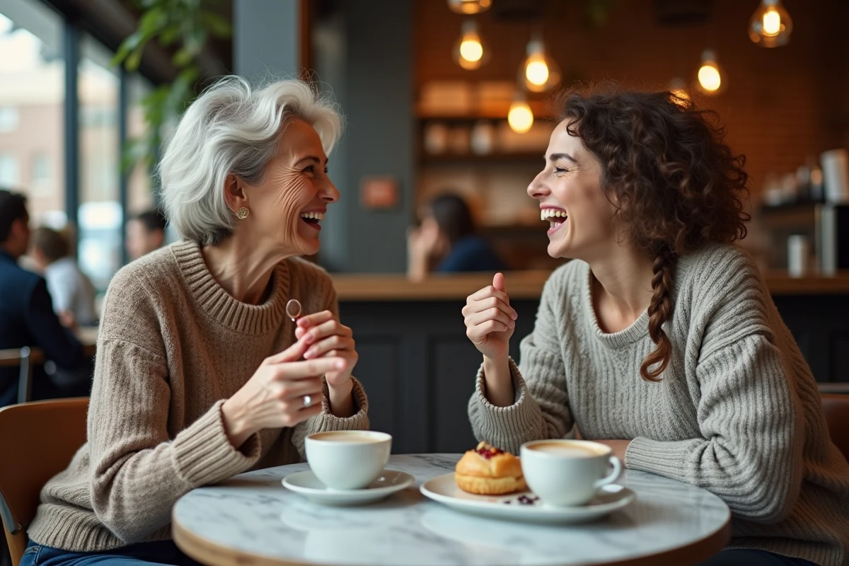 Deux sœurs adultes partageant un moment de complicité dans un café, évoquant les différences de personnalité entre aîné et cadet selon l'ordre de naissance