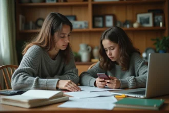 Jeune femme aînée aidant sa sœur cadette à faire ses devoirs à la maison, illustrant le syndrome de la sœur aînée et le sentiment de surresponsabilité familiale
