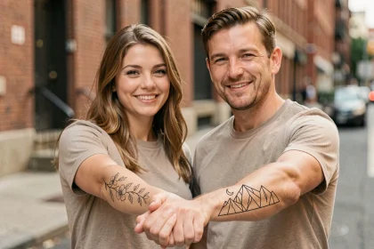 Frère et sœur montrant leurs tatouages assortis mais différents sur les avant-bras, style fin et géométrique avec un symbole commun