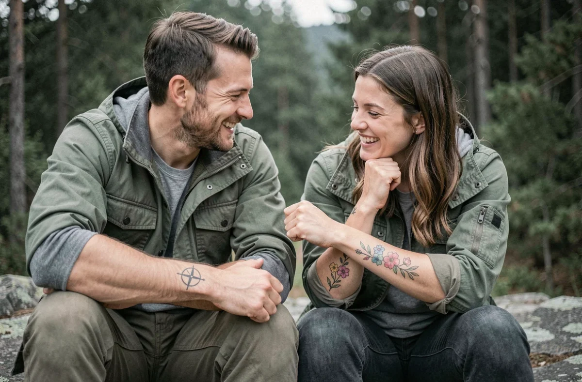 Frère et sœur en extérieur comparant leurs tatouages différents avec un motif flèche commun sur les avant-bras
