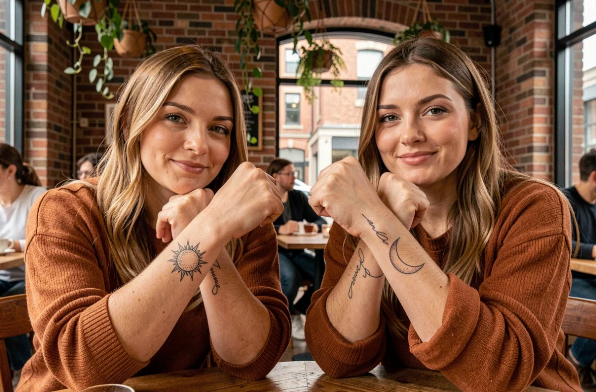 Deux sœurs dans un café montrant leurs tatouages complémentaires soleil et lune sur les poignets