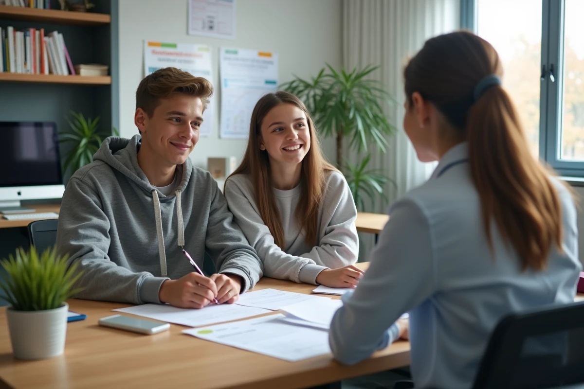 Deux adolescents de 15 ans discutant de leur contrat de travail avec un conseiller dans un centre d'orientation professionnelle pour mineurs