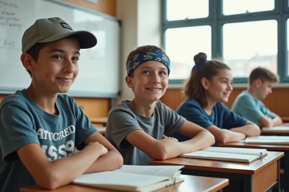 Trois adolescents en classe portant des vêtements potentiellement interdits à l'école dont une casquette et un bandana