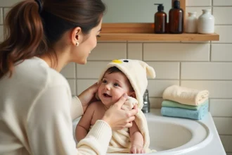 Mère qui nettoie doucement le visage de son bébé avec un gant de toilette humide sans lui faire prendre un bain complet