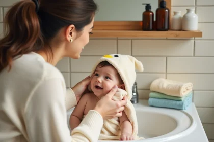 Mère qui nettoie doucement le visage de son bébé avec un gant de toilette humide sans lui faire prendre un bain complet