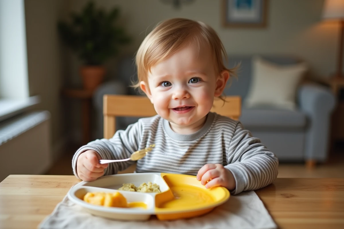 Tout-petit de 14 mois apprenant à manger des morceaux mous à table