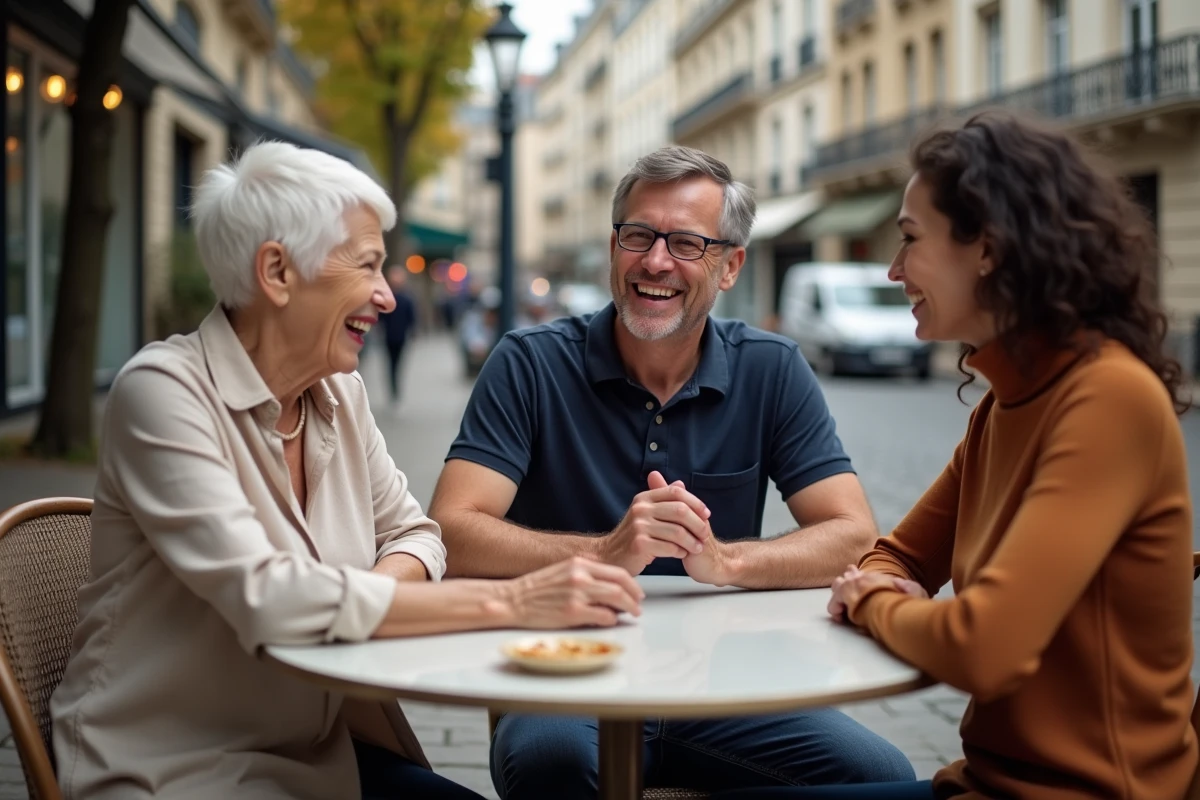 Trois générations réunies autour d'une table en terrasse urbaine, illustrant le dialogue et le partage intergénérationnel dans un cadre convivial