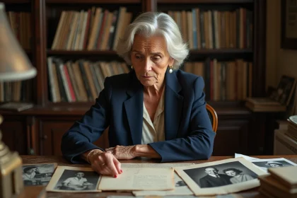Femme élégante aux cheveux argentés assise devant des photos de famille et lettres manuscrites dans un appartement parisien artistique, évoquant les souvenirs et les secrets familiaux