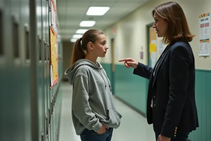 Une adolescente en hoodie interpellée par une enseignante devant une affiche de règlement vestimentaire dans un couloir scolaire