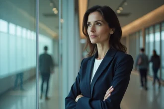 Femme élégante au regard pensif près d'une fenêtre en verre dépoli, illustrant la vie privée et la discrétion publique