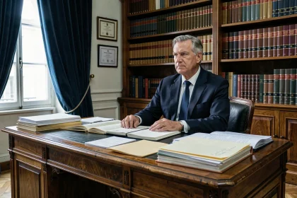Homme en costume sombre assis à un bureau encombré de dossiers et de livres dans un bureau parisien feutré, symbolisant les zones d'ombre d'une biographie officielle