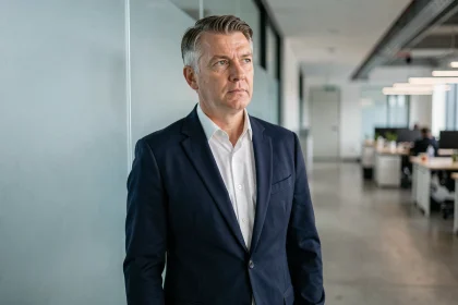 Portrait professionnel d'un homme d'âge moyen en blazer marine dans un couloir de bureau moderne, illustrant la tension entre vie privée et exposition publique