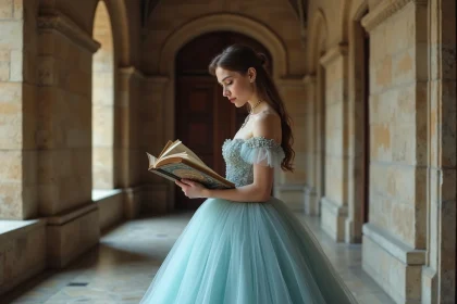 Jeune femme en robe de bal bleue tenant un livre de contes illustré dans un couloir de château en pierre, évoquant le personnage de Cendrillon