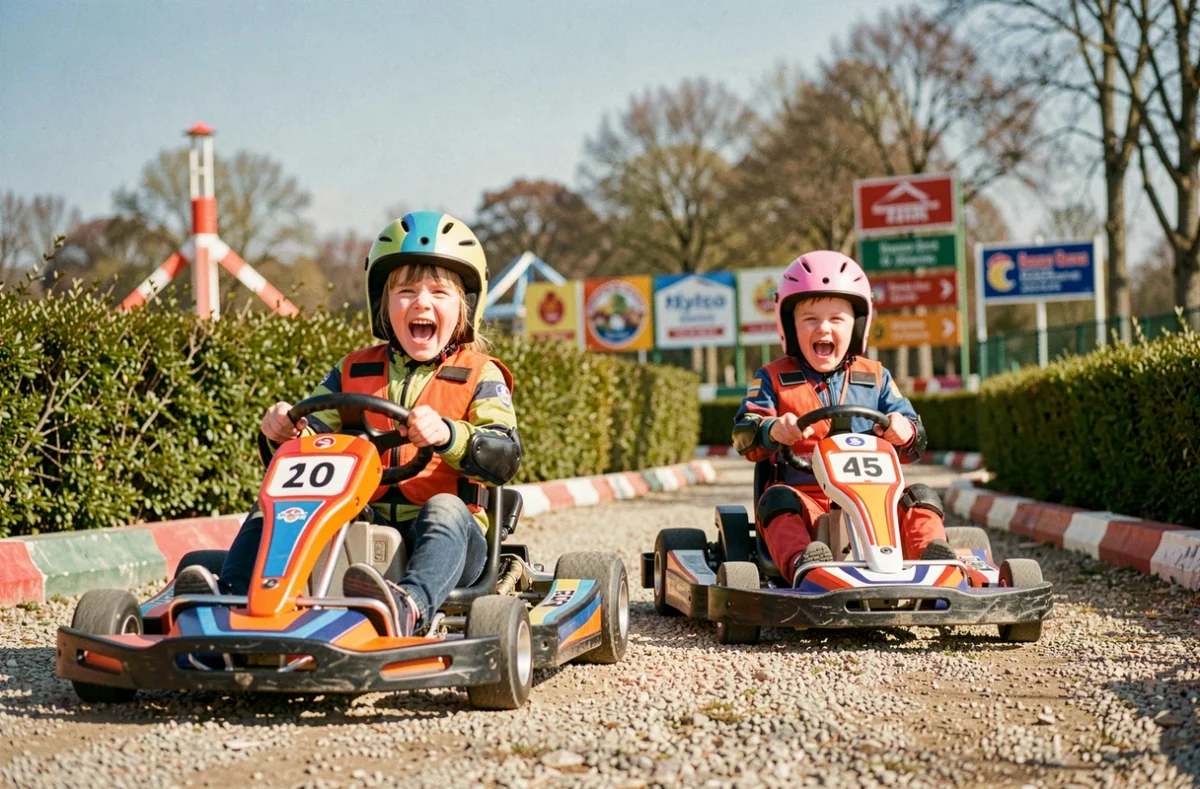 Enfants portant des casques et faisant du karting avec enthousiasme à Winnoland, parc de loisirs à Saint-Pierre-du-Perray
