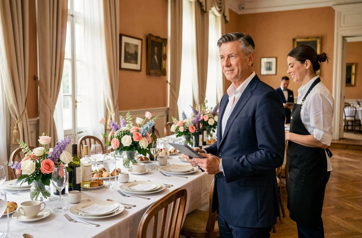 Organisateur de Yannick Laurent Evenements coordonnant un banquet d'anniversaire élégant dans un lieu événementiel du sud-ouest